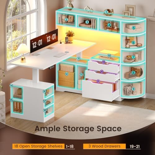 SEDETA 59" L Shaped Standing Desk with 3 Drawers Storage and Bookshelves