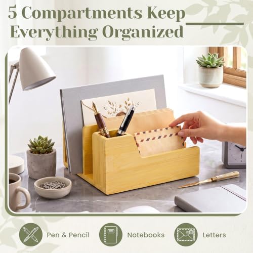 Novabright Bamboo Wood Desk Organizer with Pen Holder, 5 Slot Mail Sorter