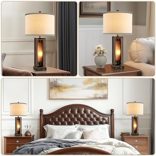 Farmhouse Table Lamps for Living Room Set of 2 with USB C+A Ports