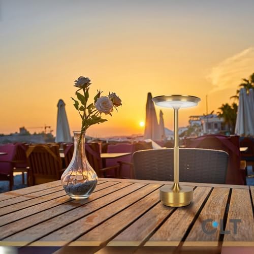 Cordless Table Lamps Rechargeable, Portable Battery Operated Lamp, 3 Color Stepless Dimming LED Table Light with Memory Function, for Outdoor/Dinner/Patio/Restaurant (Gold)