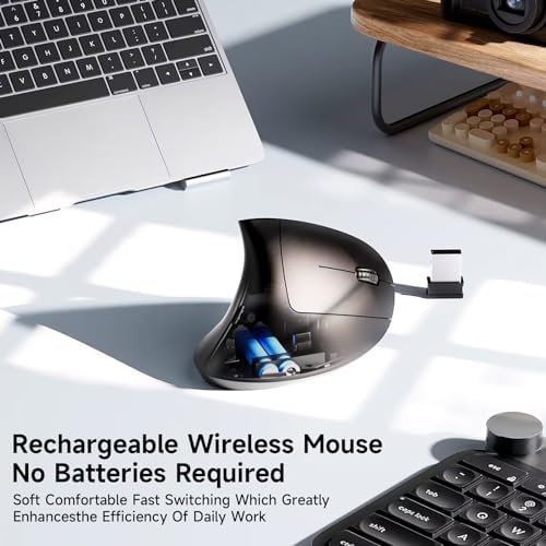 Ergonomic Vertical Wireless Mouse Stylish Rechargeable 2.4G Optical Mice Cordless Mouse with USB Receiver, 800/1200 /1600 DPI, 5 Buttons for Laptop,PC,Mac,Computer (Black)