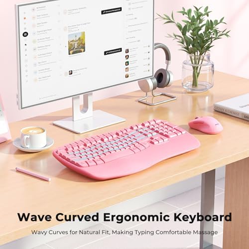 MEETION Ergonomic Wireless Keyboard and Mouse Combo with Wave Keys, Pink