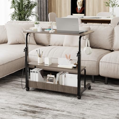 FCH 31.5" Mobile Small Standing Desk, Adjustable Height Mobile Computer Desk, w/2 AC Outlets + 3 USB Ports & Hooks, Storage Shelves, Suitable for Gaming, Studying, Home Office, Gray