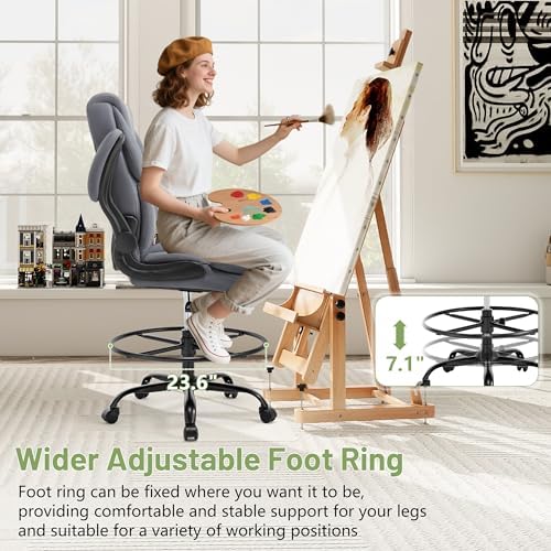 500LBS Drafting Chair, High Back Safer Standing Desk Chair, Executive Tall Office Chair with Flip-up Armrests, Upholstered PU Leather Task Chair, Ergonomic Seat with Adjustable Height&Foot Ring, Grey