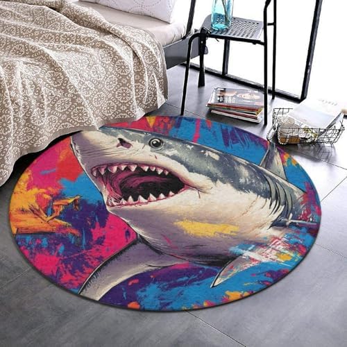 Machine Washable Modern Round Area Rug, Room Sofa Yoga Soft Round Carpet, Home Decor Non Slip Kitchen Office Circle Rug Cute Shark Graffiti Art, 24inch
