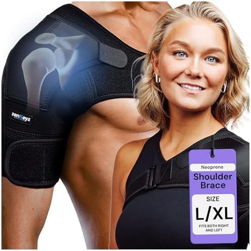 ZENKEYZ Shoulder Brace for Men & Women - Size L/XL (Chest 38-50") - Black Neoprene Compression Sleeve - Adjustable Strap for Rotator Cuff & Joint Stability - Integrated Ice/Heat Pocket - Ambidextrous Support