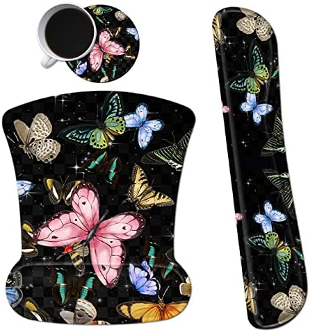 3Pcs Ergonomic Memory Foam Keyboard Wrist Rest Pad Set, Glitter Butterfly