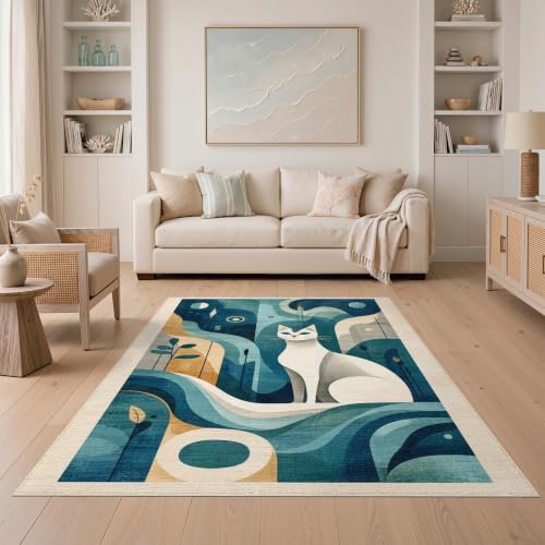 5'x7' Teal Blue Cat Boho Abstract Design Washable Area Rug