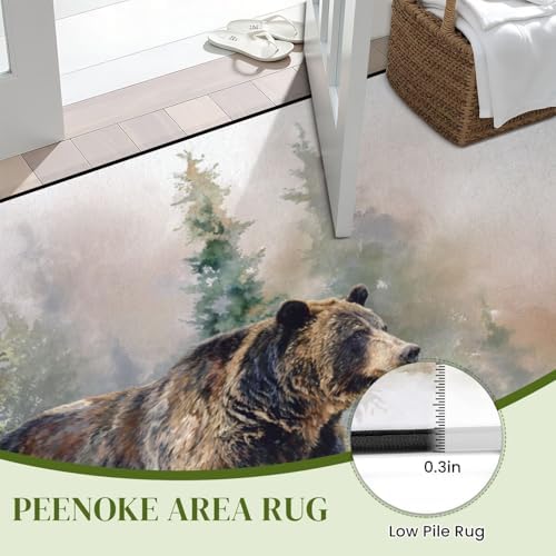 Peaceful Bear by Pine Trees Sunlit Moss Warm Tones Area Rug Outdoor Patio Rug Play Mat Modern Floor Carpet Non-Slip Home Decor Living Room Kids Bedroom Nursery, 3x5 ft