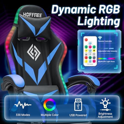 HOFFREE LED Gaming Chair with Speakers RGB Lights Computer Chairs-Blue