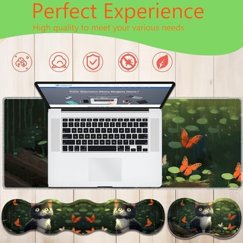 4 in 1 Mouse Pad Combo, Large Gaming Mouse Pad + Keyboard Wrist Support + Mouse Wrist Rest + Coaster, Table Pad with Stitched Edge Ergonomic Wrist Pad Set, Butterfly and Cat