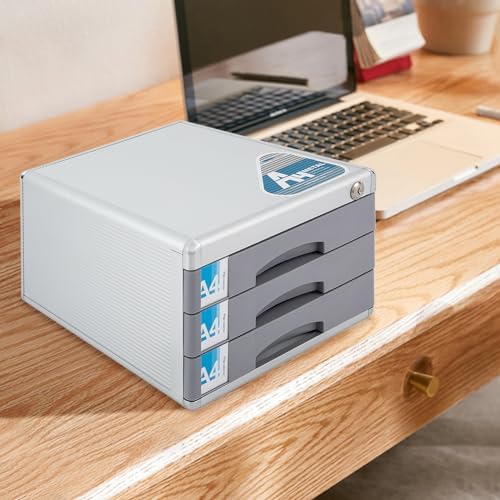 Desk Organizer with 3 Drawers, Metal Desktop Storage Cabinet File Holder with Locks and Keys, Storage Organizer Filing Case for Office Bedroom Home, Silver & Grey