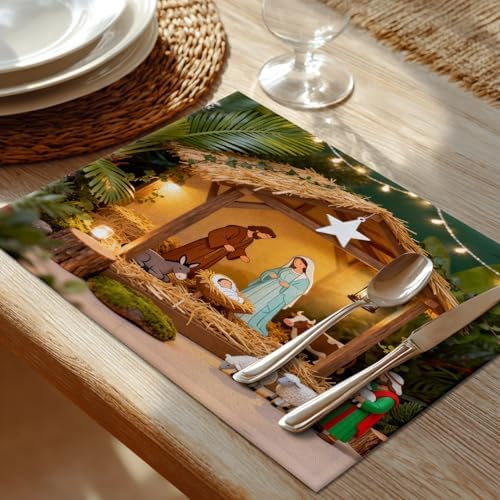 Shrahala Brown Christian Christmas Set Of 4 12 X 18 Inch Linen Placemats , Straw Yellow Black Holy Virgin Burlap Table Mat Washable Double Layered Heat Insulation For Indoor/Outdoor