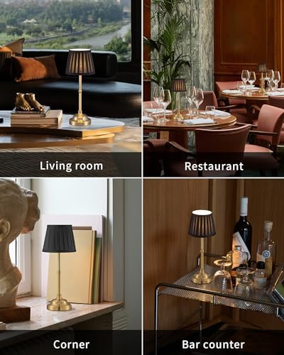 KDG Gold Cordless LED Table Lamps Set of 2, Black Fabric Shade Desk Lamps