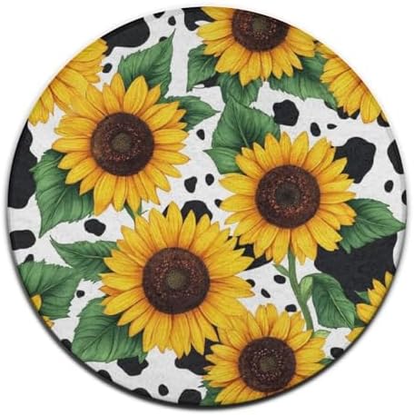 Machine Washable Modern Round Area Rug, Room Sofa Yoga Soft Round Carpet, Home Decor Non Slip Kitchen Office Circle Rug 80s Vintage Sunflower Cow Print, 24inch