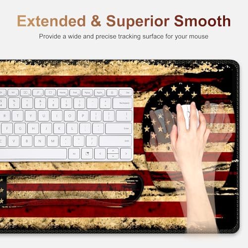 Large Mouse Pad with Wrist Support 4in1 Set, XXL Game Mousepad + Keyboard Wrist Rest+Mouse Wrist Rest+Coaster with Ergonomic Design Gaming Mat for Home Office Table Computer I Retro USA Flag