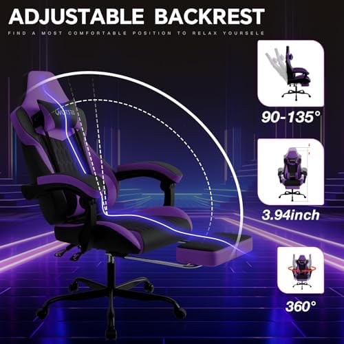 Gaming Chair with Footrest, High Back Gaming Chairs PVC Leather Ergonomic Gamer Chair with Adjustable Headrest Lumbar Support Racing Style Video Gaming Chair for Office/Home (Purple)