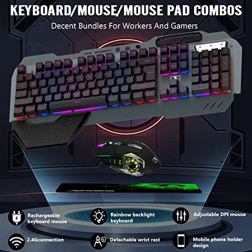 Wireless Gaming Keyboard and Mouse Combo,Rainbow LED Backlit Keyboard with Rechargeable 3800mAh Battery Metal Panel,Removable Wrist Rest Mechanical Feel and 7 Color Mute Gaming Mice for PC PS4 PS5