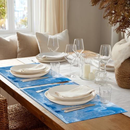 Shrahala Winter Icicle Blue Set of 6 12 X 18 Inch Linen Placemats, White Mist Snow Scene Burlap Table Mat Washable Double Layered Heat Insulation for Indoor/Outdoor