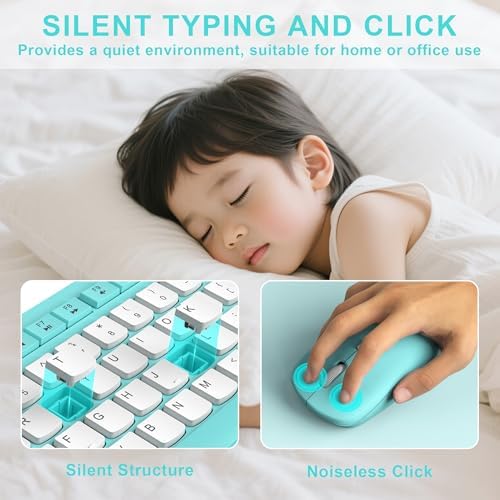 Wireless Keyboard and Mouse Combo Silent for Office and Home(Tifany Blue-B)
