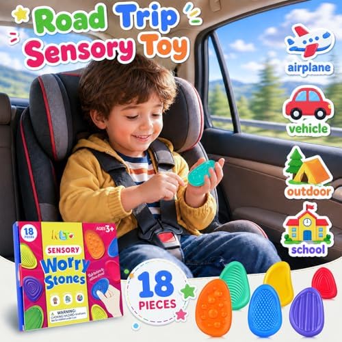 Fidget Toys Sensory Stone for Kids: 18 Pack Bulk Textured Worry Stone for Autism Calming - Quiet Fidgets for Classroom Students Prizes - Small Goodie Bags for Back to School Supplies Gifts