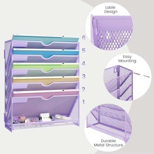 Hanging Wall File Organizer, Desk Organizer with Metal Mesh, 6-Tier