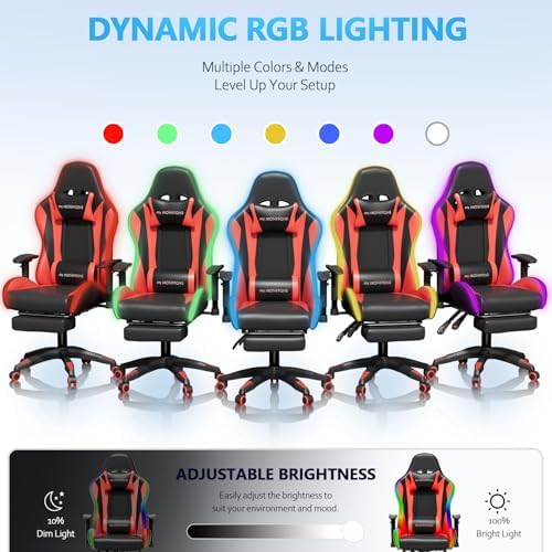 Mr IRONSTONE RGB Gaming Chair with Bluetooth Speakers, Ergonomic Gamer Chair with LED Lights, Vibration Lumbar Support, Footrest and High Back Reclining Design for Adults, Red