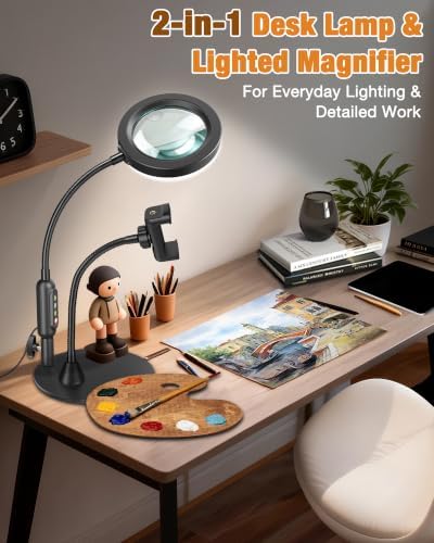 30X 10X Magnifying Glass with Light and Phone Holder, 5 Color Modes Stepless Dimmable, Optical Grade HD Lens, LED Lighted Magnifier Hands Free with Flexible Gooseneck for Close Work, Craft, Hobby