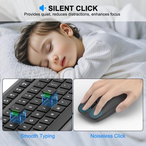 Wireless Keyboard and Mouse Combo, Full-Size Silent Ergonomic Keyboard and Optical Mouse, Long Battery Life, 2.4G Lag-Free Mice Keyboard for Computer,Mac,Laptop,PC,Windows(Gray)
