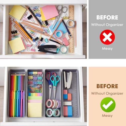 Teling 6 Pcs Grey Plastic Desk Drawer Organizer Pen Tray Shallow