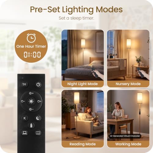 Wooden Textured Tall Slim Floor Lamp for Living Room with Remote and Foot Switch, Dimmable Mood Lamp for Bedroom Nursery, 3 Color Temperatures, 1-Hour Timer, 900LM LED Bulb Included, White XW06LD05W1