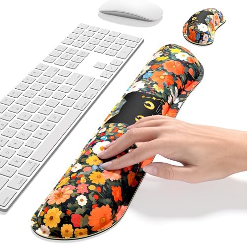 Dapesuom Enlarge Keyboard Wrist Rest, Memory Foam Wrist Cushion for Desk Mats Support, Typing Pain Relief Keyboard Mouse Pad Rests Set with Non-Slip Base for Gaming Laptop Computer, Cat Flower Bush