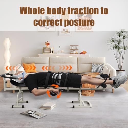 Inversion Massage Traction Table, Portable Cervical Lumbar Traction Bed Spine Stretcher Decompression Machine, Neck & Back Pain Relief Device with Ergonomic Handwheel, 350 LB Capacity (Black)