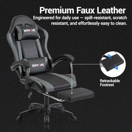 Ergonomic Gaming Chair with Footrest, Grey Black Video Game Chair w/Adjustable Headrest & Lumbar Support for Adults Kids, 360° Swivel for Home Office Bedroom Gaming Room, Grey&Black