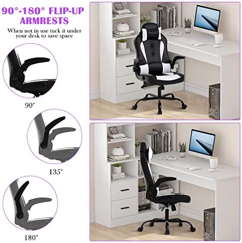 White Gaming Chair, PU Leather Comfy Office Chair for Adults, Ergonomic Desk Chair Computer Chair with Flip Up Arms, Height & Backrest Adjustable, 300 Lbs