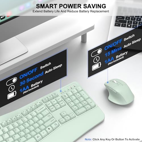 Wireless Keyboard and Mouse Combo, 2.4G Ergonomic Wave Key(Avocado Green)