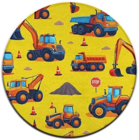 Large Home Decor Mat, Soft Round Yoga Carpet, Non Slip Machine Washable Home Office Circle Rug Cute Yellow Truck Construction