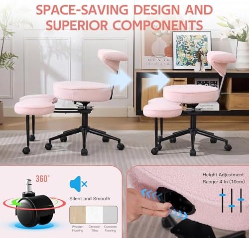Ergonomic Cross Legged Chair, 360° Swivel Meditation Chair with Wheels - Adjustable Height for ADHD Desk & Yoga, Wide Criss Cross Chair for Home, Pink