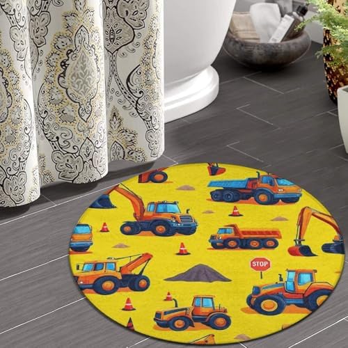 Large Home Decor Mat, Soft Round Yoga Carpet, Non Slip Machine Washable Home Office Circle Rug Cute Yellow Truck Construction