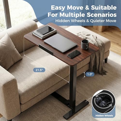 DUMOS Overbed Table with Wheels, Height-Adjustable Bedside Table, Brown