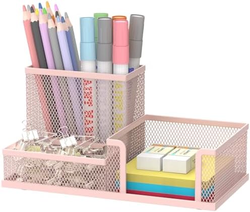 SUPEASY Mesh Pen Holder Desk Organizer, Office Supplies Pencil Storage with 3 Compartments, Office Desk Accessories and Workspace Organizers for Home School Classroom, Pink