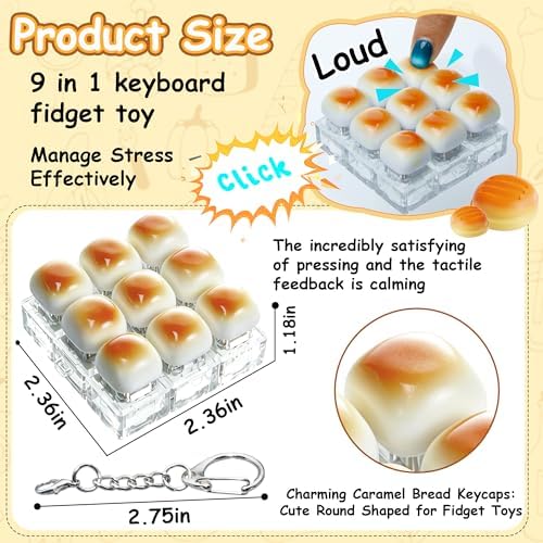 Bread Shape Keyboard Fidget Toy, Keyboard Fidget Keychain 9-in-1 Keyboard Decompression Button Finger Clicker Toys, Cute Click Buttons Fidget Toy ADHD Sensory Fidget Toys Stress Relief Gifts(YB)