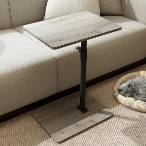 YUHFERA Sofa Armrest Tray Table for Couch - 360 Swivel Height Adjustable C Shaped End Table for Small Spaces, Snack Side Table for Bed or Chair with Phone & Tablet Slot (Gray, Enlarged)