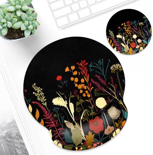 ITNRSIIET Ergonomic Mouse Pad with Wrist Support Wrist Rest Smooth Surface Non-Slip Rubber Base Comfortable Office Supplies Pain Relief, 9.8 x 9.1 inches, Pretty Flowers Plants