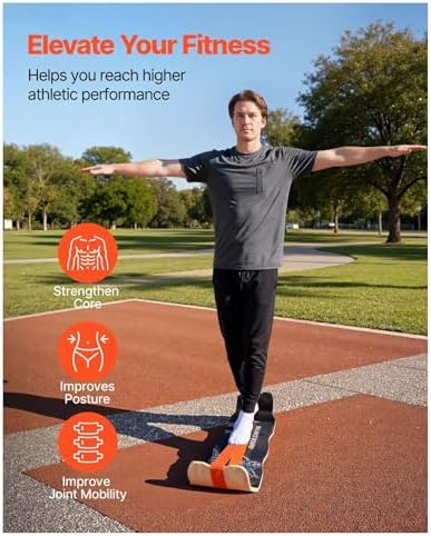 Balance Board for Adults, Wooden Wobble Board Trainer, Standing Desk Exercise Equipment, Yoga & Pilates, Compact Home Gym, Black & Orange