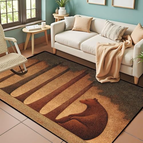 Serene Bear Pine Trees Tranquil Nature Landscape Art Area Rug Outdoor Patio Rug Play Mat Modern Floor Carpet Non-Slip Home Decor Living Room Kids Bedroom Nursery, 3x5 ft