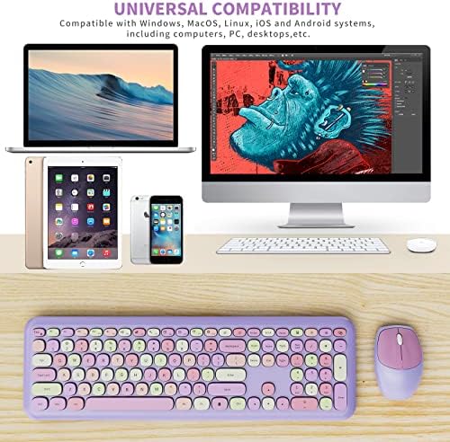 Wireless Keyboard and Mouse Combo, Colorful Ergonomic Full Size Retro Low-Noise Keyboard with Cute keycaps, Compatible with Windows, PC, Perfer for Home and Office Keyboards (Purple)