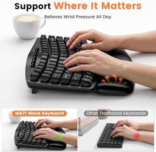SABLUTE Wireless Ergonomic Keyboard and Mouse Combo, Wave Key Layout, Black
