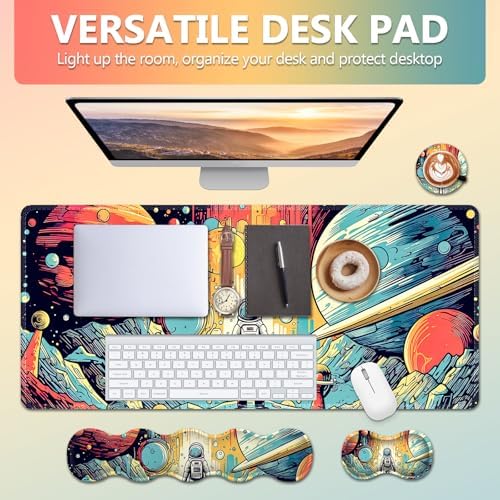 AIMSA Desk Mat Set, Mouse Pad with Wrist Rest +Keyboard Wrist Rest +Large Mouse Mat +Coaster, 4in1 Extended Gaming Mousepad Set for Home Office, Planet Astronaut