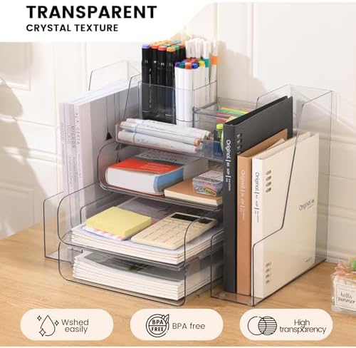 CiWiVOKi Desk Organizer with 2 Vertical File Holder, 4 Tier Stackable Paper Letter Tray File Organizer with 5-Compartments Pen Holder, Clear Desktop Organizer Office Organization and Storage